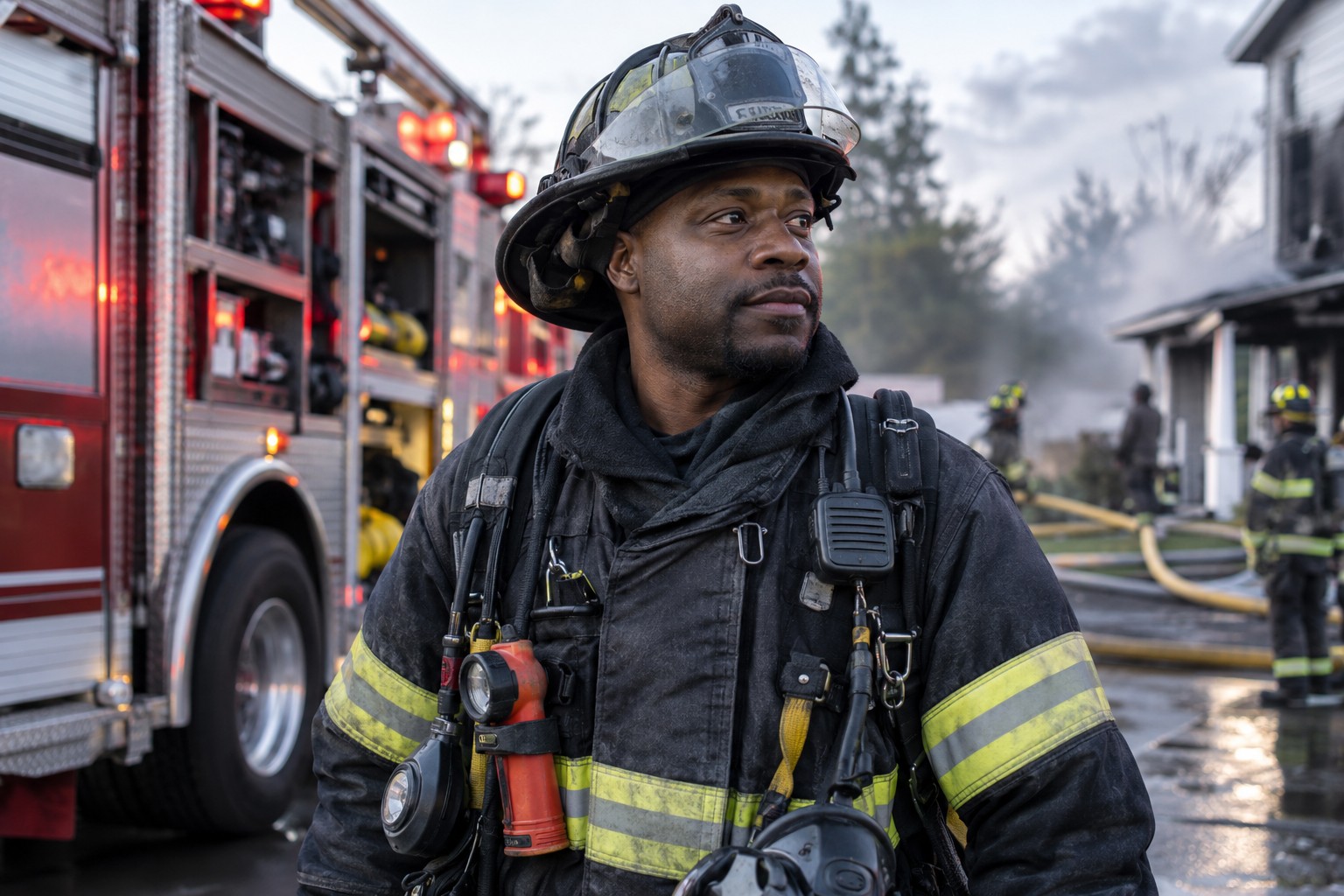 African American firefighter at the scene of a controlled fire
