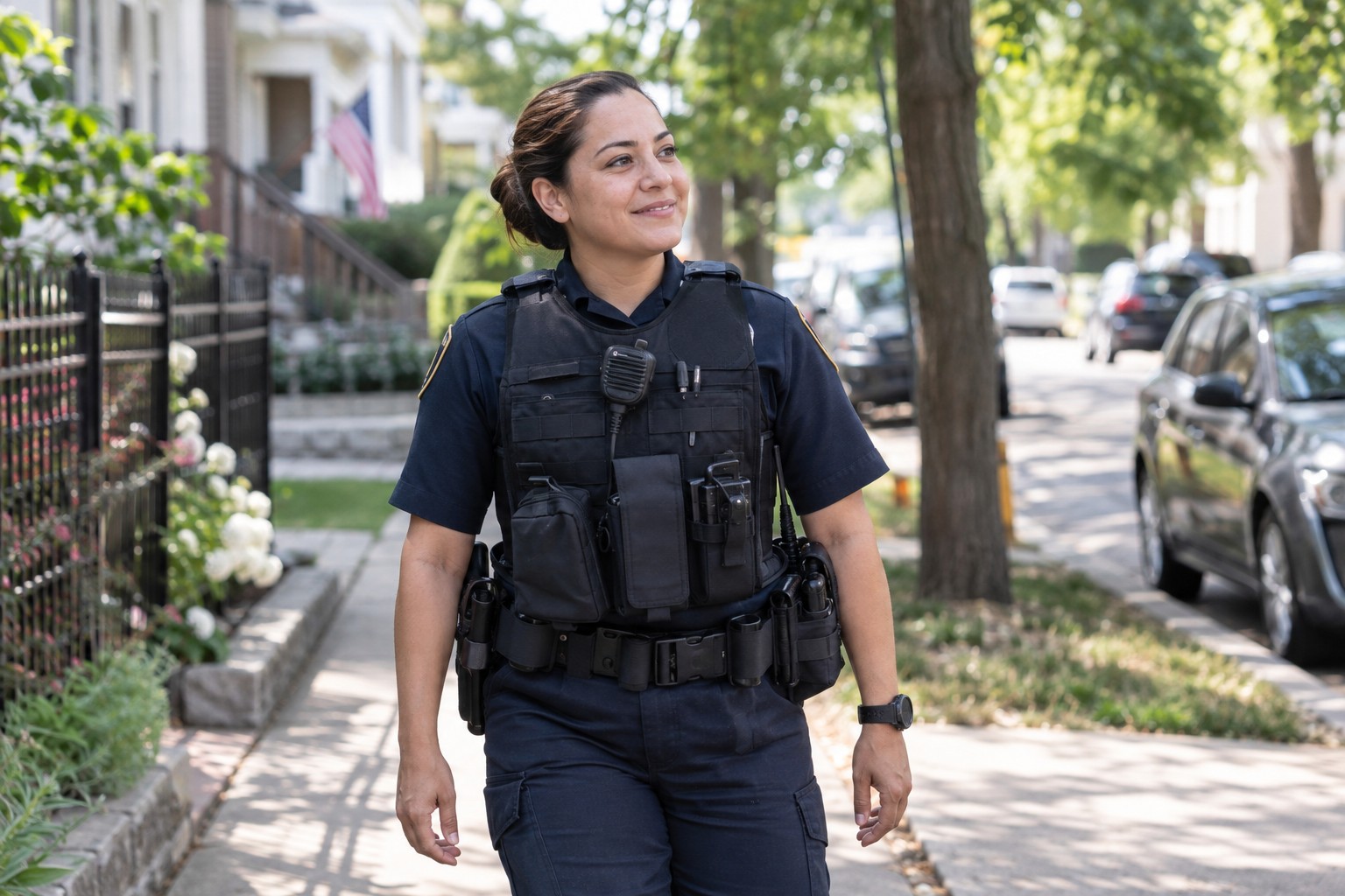Female police officer working in a neighborhood