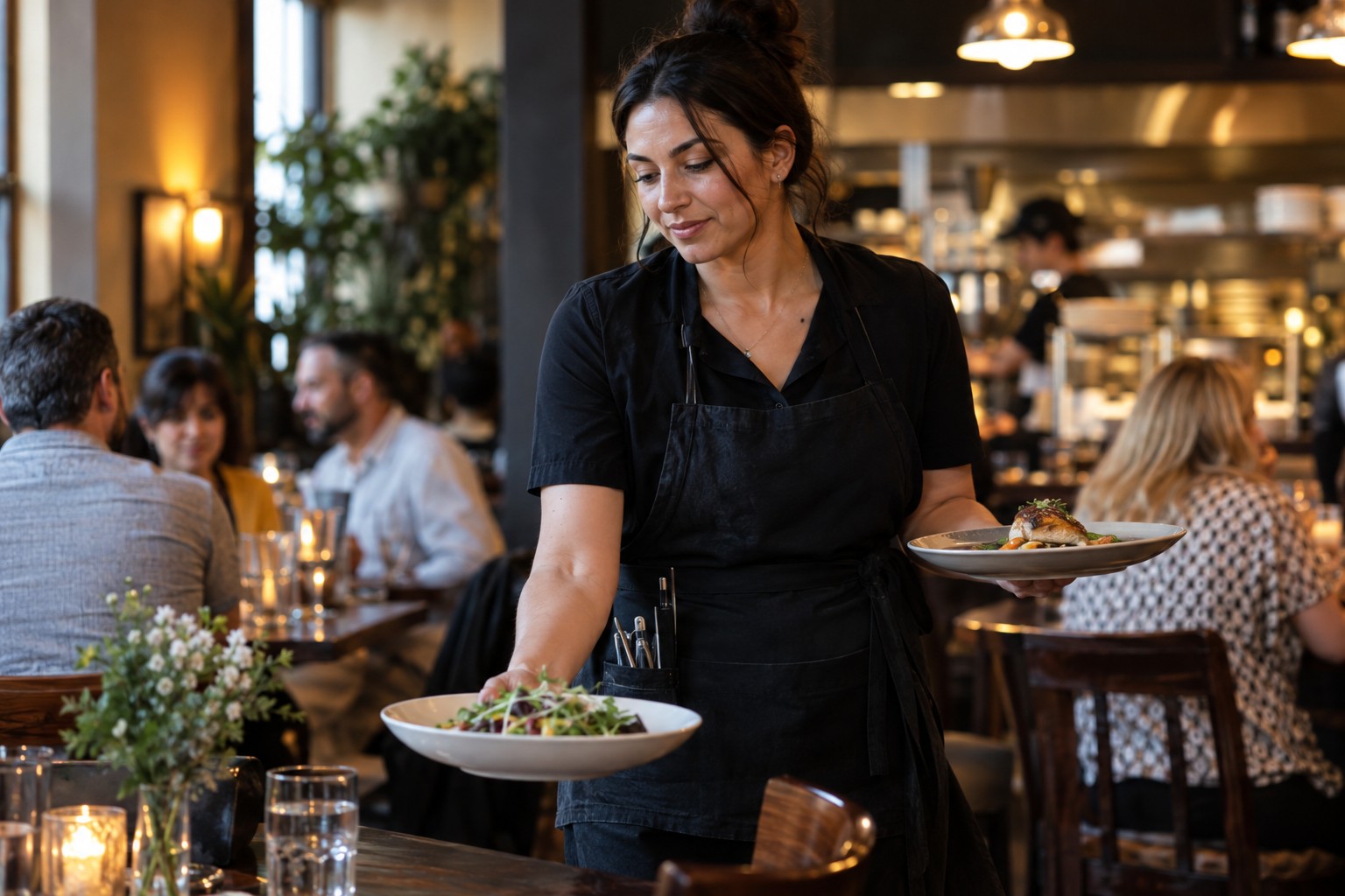 Restaurant server bringing meals to a table